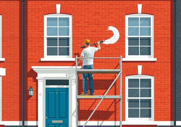 Peintre sur échafaudage traitant la façade d'une maison